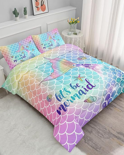 Datura home Bedding Comforter Set Rainbow Scales Mermaid Printed Pattern Bedding Set with 1 Comforter and 2 Pillowcases for Girls Bedroom All Season(Rainbow Scales Mermaid Twin), 68x86inches - LeafyLoom
