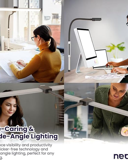 Neatfi Modern Desk Lamp with Clamp, Touch & Remote Controlled, 15W, Adjustable Color Temperature (3000K-6000K), Stepless Dimming, Flicker-Free, Wide-Angle Lighting for Home (Gooseneck, Silver) - LeafyLoom