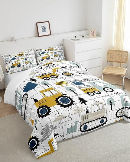 Feelyou Construction Comforter Set King Size Kids Excavator Tractor Toddler Comforter Cartoon Car Equipment Trucks Plaid Grid Comforter Set Construction Vehicles WhiteDuvet Set Quilt Set - LeafyLoom