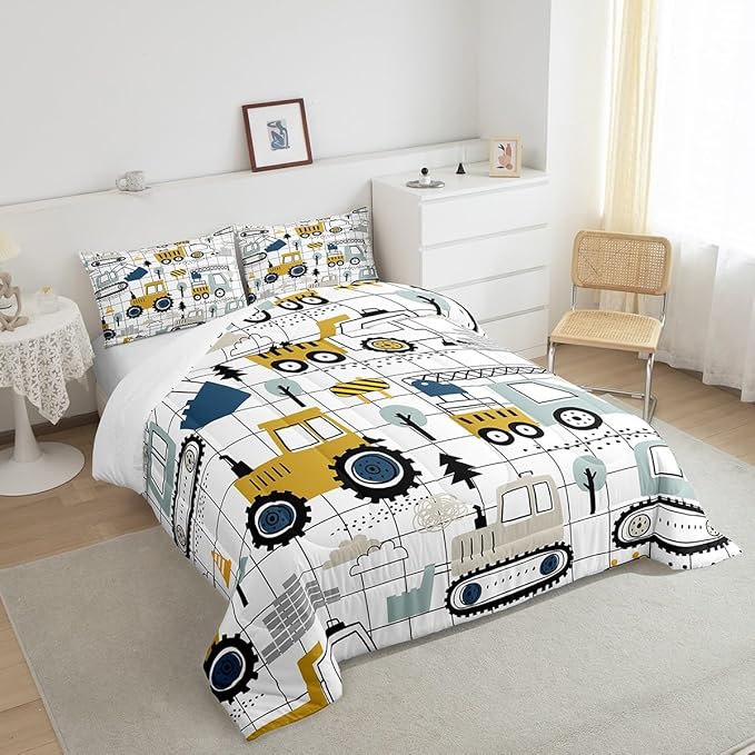 Feelyou Construction Comforter Set King Size Kids Excavator Tractor Toddler Comforter Cartoon Car Equipment Trucks Plaid Grid Comforter Set Construction Vehicles WhiteDuvet Set Quilt Set - LeafyLoom
