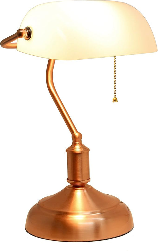 Simple Designs LT3216-RGD Executive Banker's Desk Lamp with White Glass Shade, Rose Gold - LeafyLoom