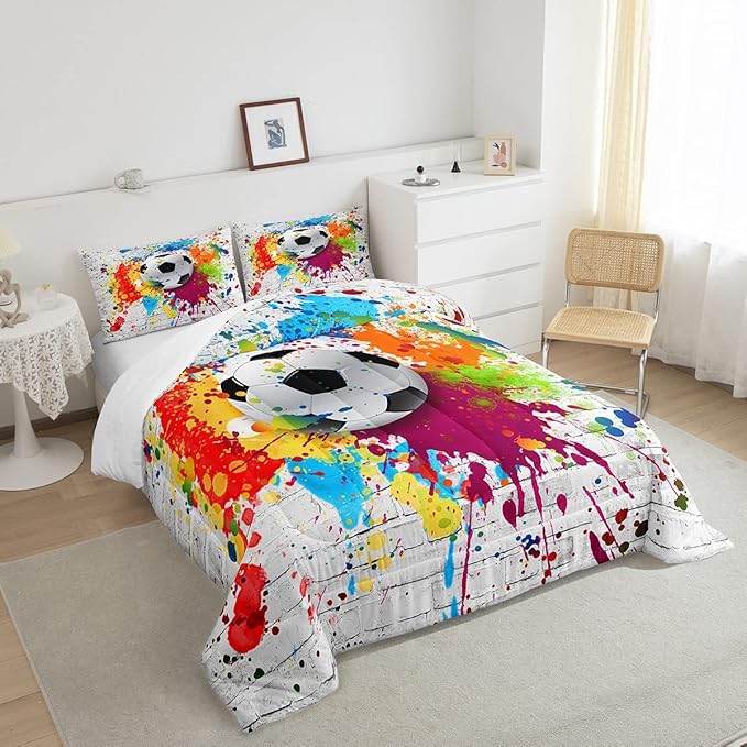 Football Bedding Set Rugby Sports Comforter Set Soccer Ball Game Comforter for Boys Girls Children Teens Bedroom Decor Gift for Football Lover Duvet Set Full Size with 2 Pillow Case - LeafyLoom