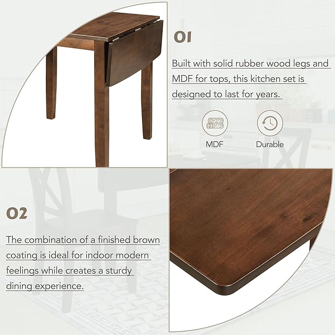 Farmhouse Style Wood Breakfast Nook 2 X-Back Chairs, Extendable Drop Leaf Design & Easy Assembly, Room, Kitchen, 3 Piece Dining Table Set, Brown 27 - LeafyLoom