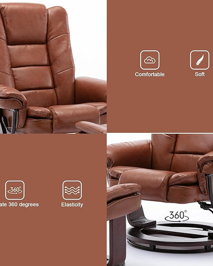 JC Home Swivel Ottoman Bonded Leather Recliner Chair and Foot Rest for Living Room, Home Theater, Man Cave, Bedroom-Round Mahogany Base-Modern, Contemporary Furniture, Extra Large, Tan - LeafyLoom