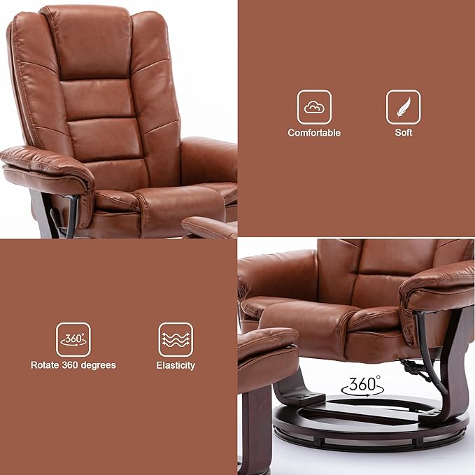 JC Home Swivel Ottoman Bonded Leather Recliner Chair and Foot Rest for Living Room, Home Theater, Man Cave, Bedroom-Round Mahogany Base-Modern, Contemporary Furniture, Extra Large, Tan - LeafyLoom