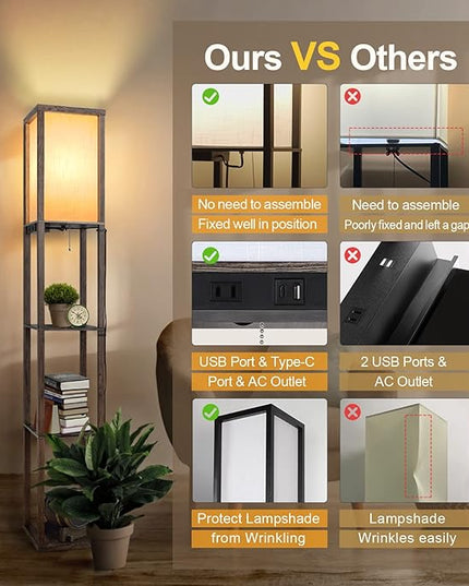 OUTON Floor Lamp with Shelves, Dimmable Shelf Floor Lamp with 1 USB & 1 Type C Ports, 1 Power Outlet, Modern Standing Lamp with 4 Color Temperature for Living Room, Bedroom, Dark Grey - LeafyLoom