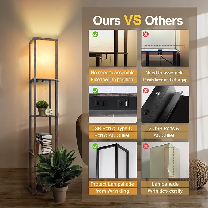 OUTON Floor Lamp with Shelves, Dimmable Shelf Floor Lamp with 1 USB & 1 Type C Ports, 1 Power Outlet, Modern Standing Lamp with 4 Color Temperature for Living Room, Bedroom, Dark Grey - LeafyLoom