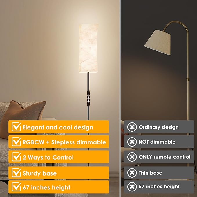 2PC RGB Corner Floor Lamp - 67” Modern Tall Standing LED Light with Remote Touch Switch - 1800K-5500K Ambiance Color Changing Dimmable Floor Lamps for Living Room Bedroom Office Gaming Room NEW - LeafyLoom