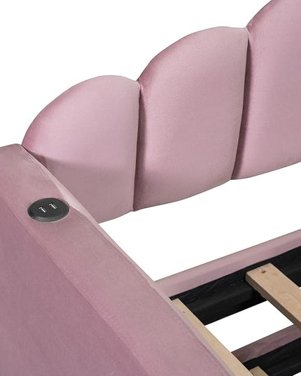Twin Size Upholstered Daybed with Trundle and Striped Headboard, Velvet Sofa Bed w/USB Charging Ports & Side Pockets, for Bedroom Living Room, No Box-spring Needed, Pink - LeafyLoom