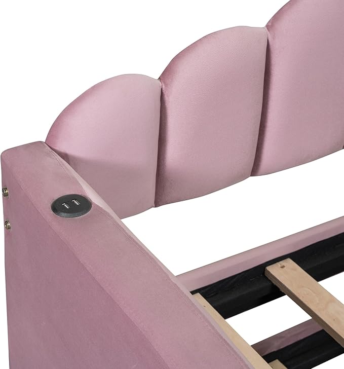 Twin Size Upholstered Daybed with Trundle and Striped Headboard, Velvet Sofa Bed w/USB Charging Ports & Side Pockets, for Bedroom Living Room, No Box-spring Needed, Pink - LeafyLoom