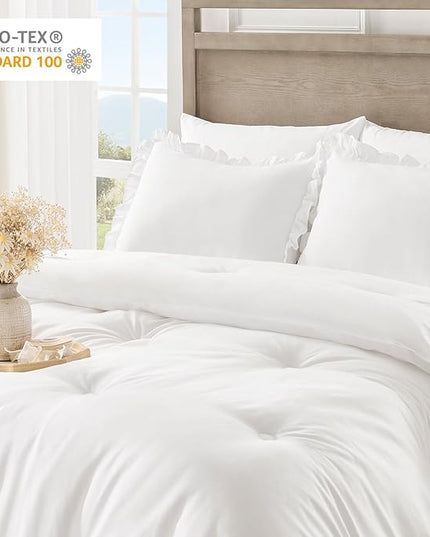 King Size Bed in a Bag 7 Pieces King Size Comforter Set, Ruffle Shabby Chic Bedding Comforter Set White Bed Set with Comforter, Pillowcases, Flat Sheet, Fitted Sheet and Pillow Shams - LeafyLoom
