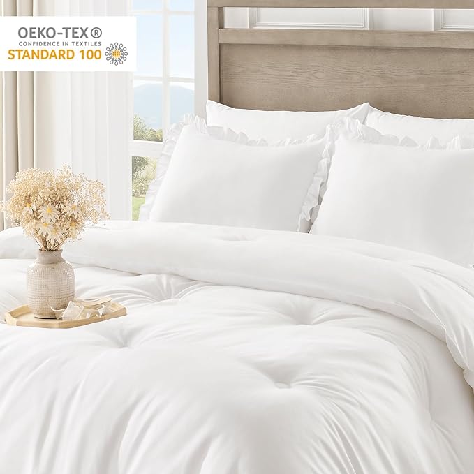 Twin Bed in a Bag 5 Pieces Comforter Set Twin, Ruffle Shabby Chic Bedding Comforter Set White Bed Set with Comforter, Pillowcase, Flat Sheet, Fitted Sheet and Pillow Sham - LeafyLoom