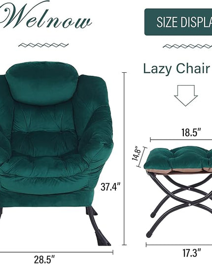 Welnow Lazy Chair with Ottoman, Modern Lounge Accent Chair with Armrests and a Side Pocket, Leisure Sofa Chair, Reading Chair with Footrest for Small Space, Corner Chair, Dark Green - LeafyLoom