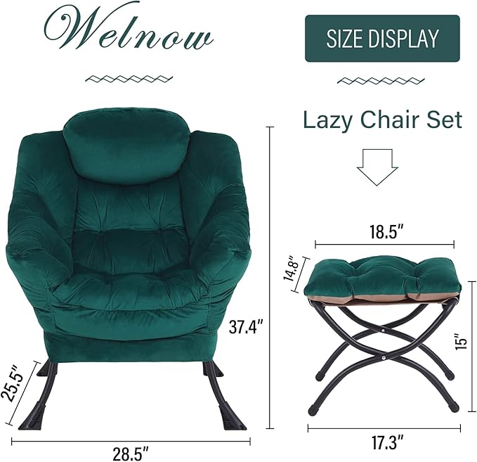Welnow Lazy Chair with Ottoman, Modern Lounge Accent Chair with Armrests and a Side Pocket, Leisure Sofa Chair, Reading Chair with Footrest for Small Space, Corner Chair, Dark Green - LeafyLoom