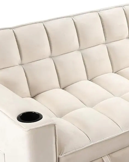 Multi-Functional Futon Loveseat Pull Out Couch , Velvet Upholstery Convertible Sleeper Sofa Bed with Cupholders and USB Ports , 2 Seater Love Seat Lounge Chaise w/ Adjustable Backrest RV Furniture - LeafyLoom