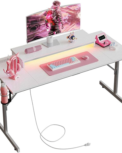 Bestier Small Gaming Desk with Power Outlets and USB Charging Ports, 52 inch Computer Desk with LED Lights and Monitor Stand, Gamer Desk for Home Office, Easy to Assemble, Carbon Fiber White - LeafyLoom