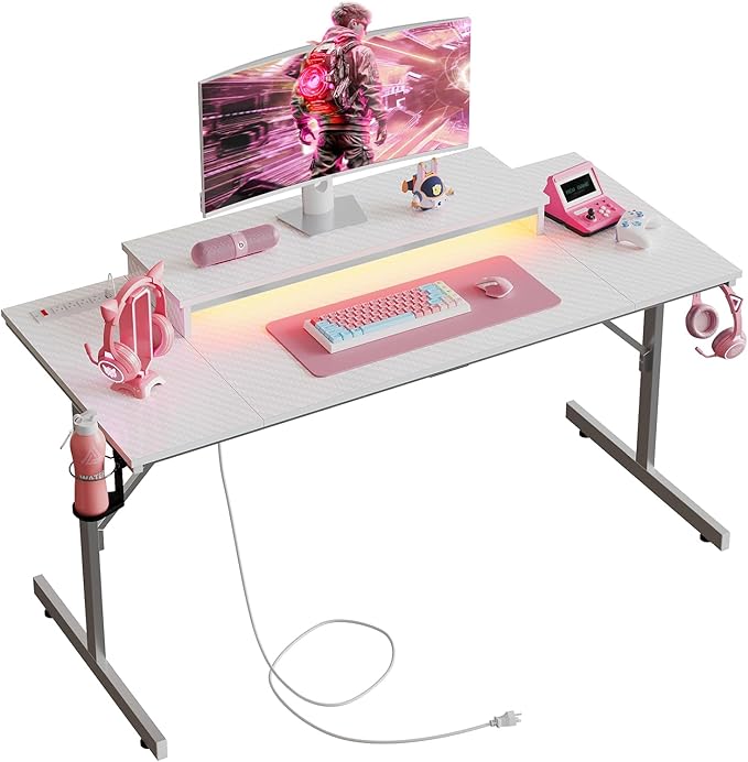 Bestier Small Gaming Desk with Power Outlets and USB Charging Ports, 52 inch Computer Desk with LED Lights and Monitor Stand, Gamer Desk for Home Office, Easy to Assemble, Carbon Fiber White - LeafyLoom