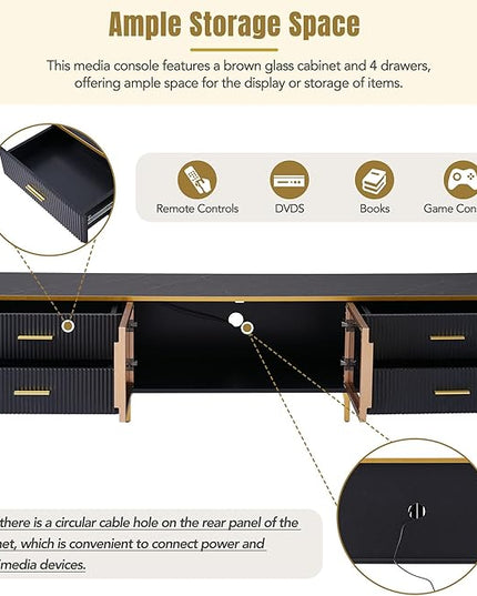 Merax Stylish LED TV Stand for Televisions Up to 78'', Entertainment Center with Brown Glass Storage Cabinet, Marble-veined Table Top, Golden Legs & Handles for Living Room, Black - LeafyLoom