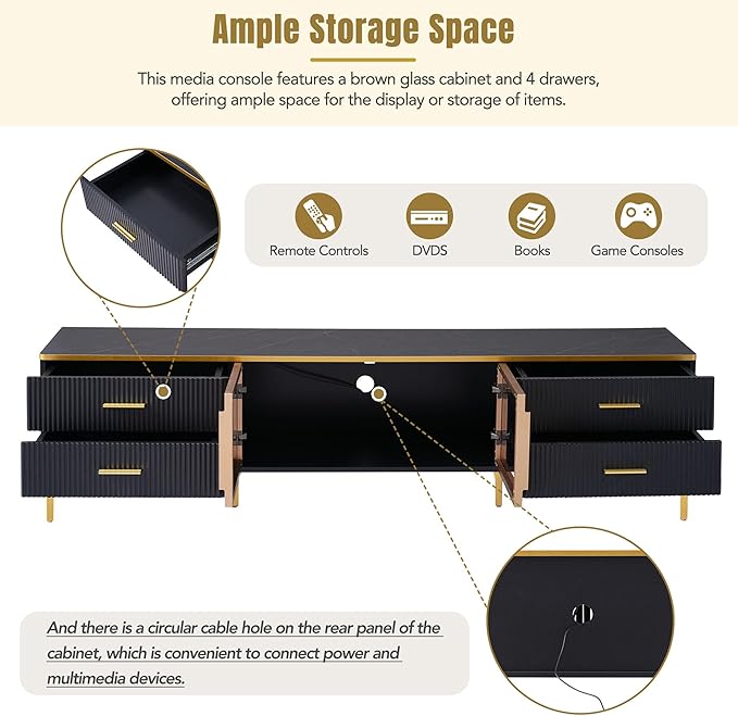 Merax Stylish LED TV Stand for Televisions Up to 78'', Entertainment Center with Brown Glass Storage Cabinet, Marble-veined Table Top, Golden Legs & Handles for Living Room, Black - LeafyLoom