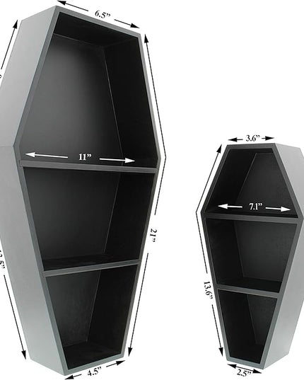 MANNY'S MYSTERIOUS ODDITIES Coffin Bookshelf - Includes Removable Shelves - Small and Large Coffin Shelf 20 Inch and 14 Inch - Gothic Decor for Home - LeafyLoom