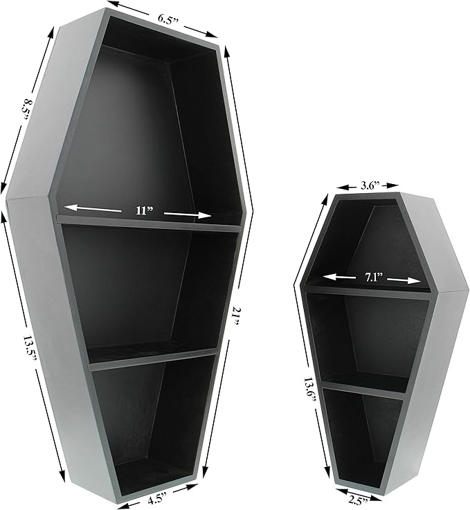 MANNY'S MYSTERIOUS ODDITIES Coffin Bookshelf - Includes Removable Shelves - Small and Large Coffin Shelf 20 Inch and 14 Inch - Gothic Decor for Home - LeafyLoom