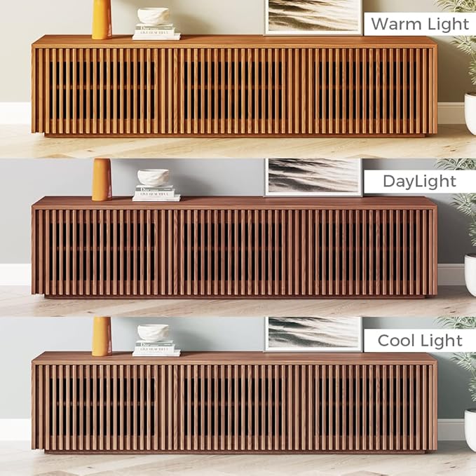 POVISON Mid Century Modern TV Stand, Solid Wood Media Console for 65 inch TV, Full Assembled Farmhouse Entertainment Center with Storage for Living Room, Low Cabinet with Removable Shelves - LeafyLoom