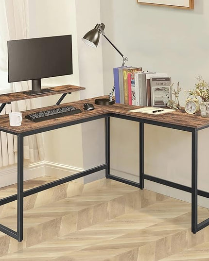 L Shape Computer Desk - Spacious 55 inch Corner Desk Home Office Desk Gaming Desk with Reversible Monitor Stand and Adjustable Feet, Easy Assembly, Rustic Brown - LeafyLoom