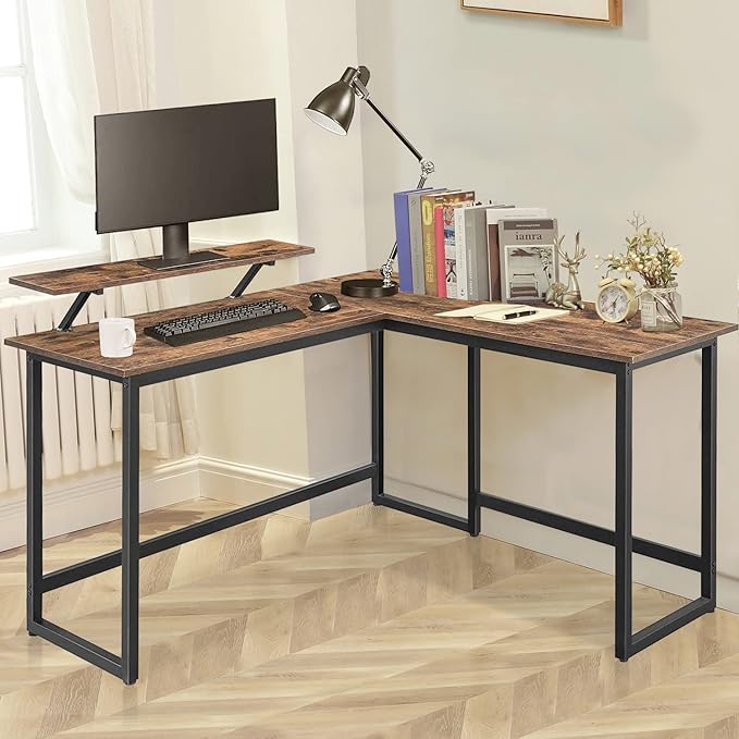 L Shape Computer Desk - Spacious 55 inch Corner Desk Home Office Desk Gaming Desk with Reversible Monitor Stand and Adjustable Feet, Easy Assembly, Rustic Brown - LeafyLoom