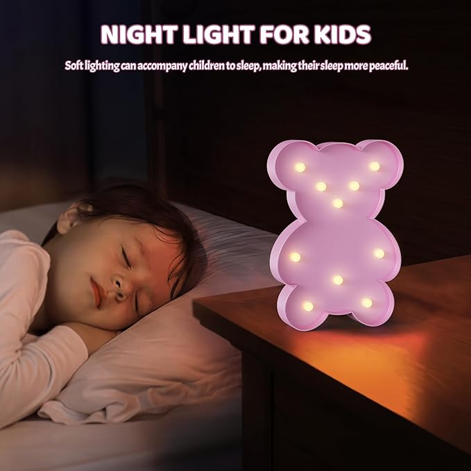 Pink Bear Decor, Battery Powered Bear Night Light for Kids, Pink Party Decorations, Baby Night Light for Bedroom, Toddler Night Lights, Pink kids room decor for Bedroom - LeafyLoom