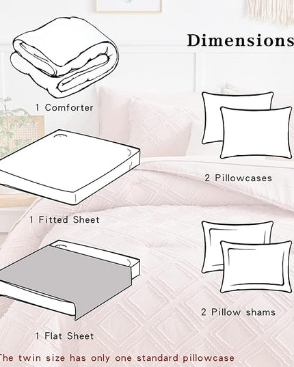 7 Pieces Tufted Bed in a Bag Queen Comforter Set with Sheets Blush, Soft and Embroidery Shabby Chic Boho Bohemian, Luxury Solid Color with Diamond Pattern, Jacquard Tufts Bedding Set for All Season - LeafyLoom