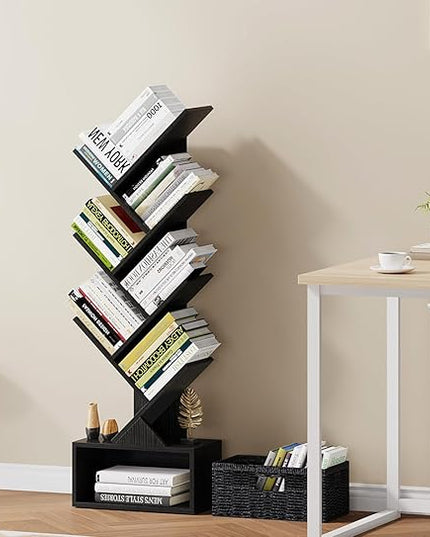 Vagusicc 6 Tier Tree Bookshelf, Modern Floor Standing Bookcase with Storage Drawer, Tall Wood Book Storage Rack for CDs/Books, Utility Book Organizer Shelves for Bedroom/Living Room/Home Office/Corner - LeafyLoom