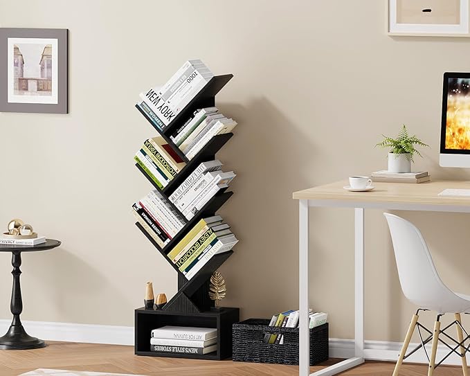 Vagusicc 6 Tier Tree Bookshelf, Modern Floor Standing Bookcase with Storage Drawer, Tall Wood Book Storage Rack for CDs/Books, Utility Book Organizer Shelves for Bedroom/Living Room/Home Office/Corner - LeafyLoom