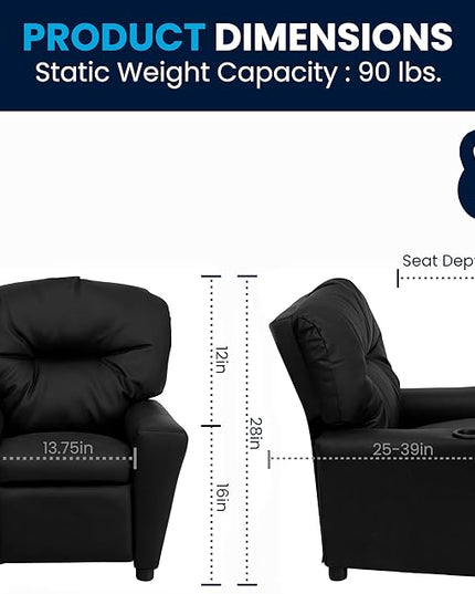 Flash Furniture Chandler LeatherSoft Kids Recliner with Cup Holder and Safety Recline, Contemporary Reclining Chair for Kids, Supports up to 90 lbs., Black - LeafyLoom