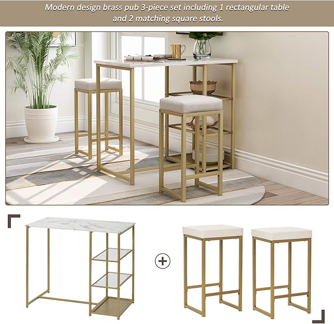 Merax 3-Piece White/Gold Modern Pub Set Counter Height Breakfast Table with 4 Bar Stool for Kitchen Dining Room - LeafyLoom