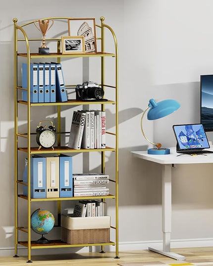FRAPOW Folding Bookshelf No Assembly, 5 Tier Shelf Gold Collapsible Bookcase, Arched Metal Display Tall Book Shelf with Storage Shelves for Bedroom, Living Room, Home Office, Dorm - LeafyLoom