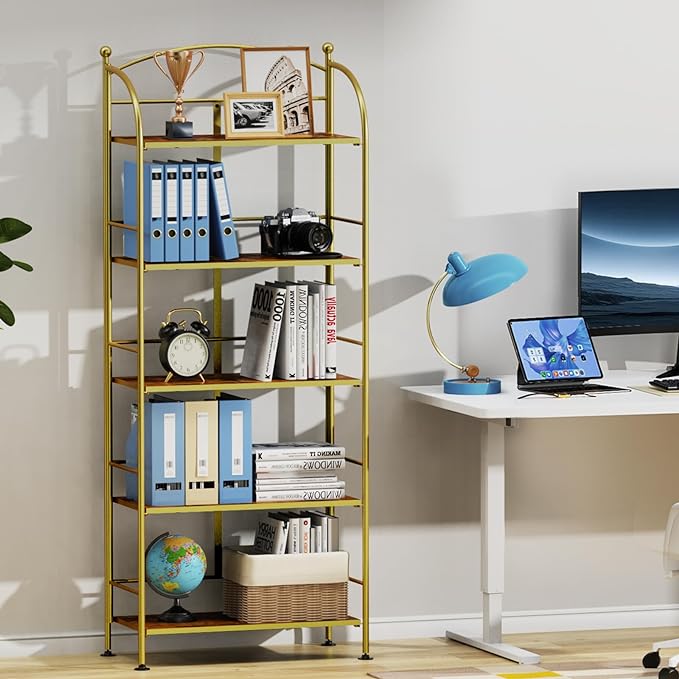 FRAPOW Folding Bookshelf No Assembly, 5 Tier Shelf Gold Collapsible Bookcase, Arched Metal Display Tall Book Shelf with Storage Shelves for Bedroom, Living Room, Home Office, Dorm - LeafyLoom