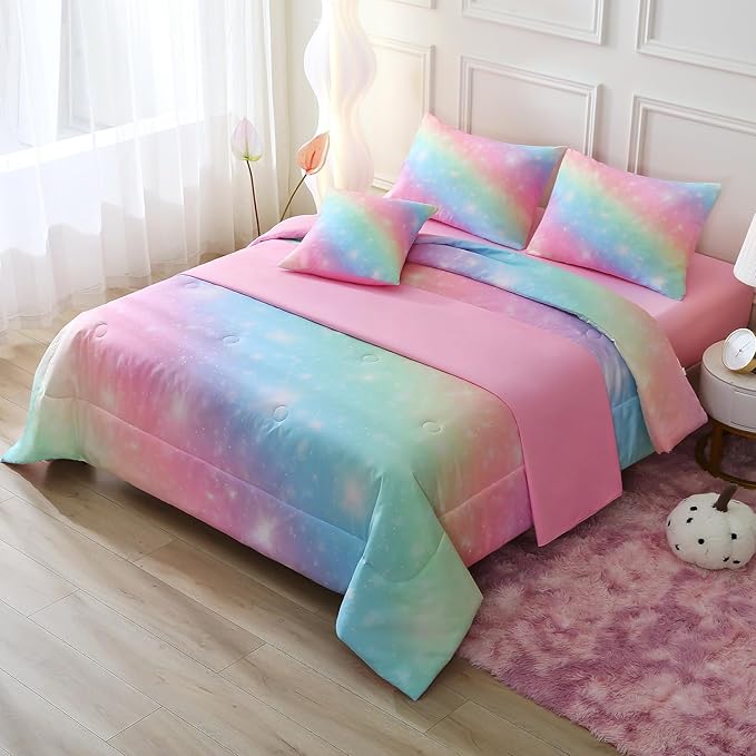 JQinHome Glitter Bedding Set Twin Size,6 Piece Bed in A Bag 3D Colorful Rainbow Galaxy Comforter Set for Girls Kids-All Season Microfiber Tie-Dye Bedding Sets(Rainbow) - LeafyLoom