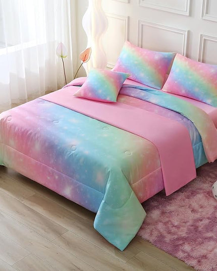 JQinHome Glitter Bedding Set Full Size,6 Piece Bed in A Bag 3D Colorful Rainbow Galaxy Comforter Set for Girls Kids-All Season Microfiber Tie-Dye Bedding Sets(Rainbow) - LeafyLoom
