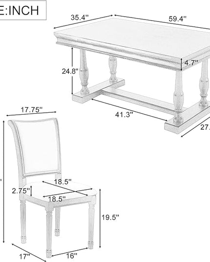 59.4 Inch Dining Table Set for 6, 7-Piece Dining Table with 4 Trestle Base and 6 Upholstered Chairs with Slightly Curve and Ergonomic Seat Back, Grey - LeafyLoom