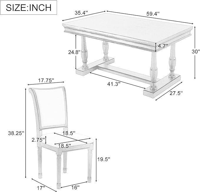 59.4 Inch Dining Table Set for 6, 7-Piece Dining Table with 4 Trestle Base and 6 Upholstered Chairs with Slightly Curve and Ergonomic Seat Back, Grey - LeafyLoom
