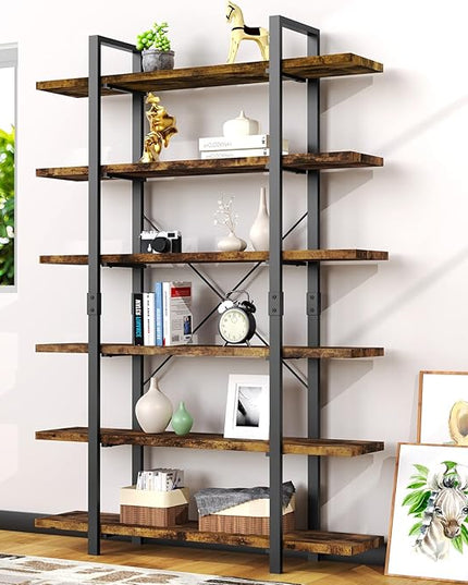 6 Tier Bookshelf, 83 inch Tall Bookcase Industrial Wooden Bookshelves Large Wall Etagere Rustic Vintage Book Shelf with Metal Frame Open Storage Rack for Living Room Home Office - LeafyLoom