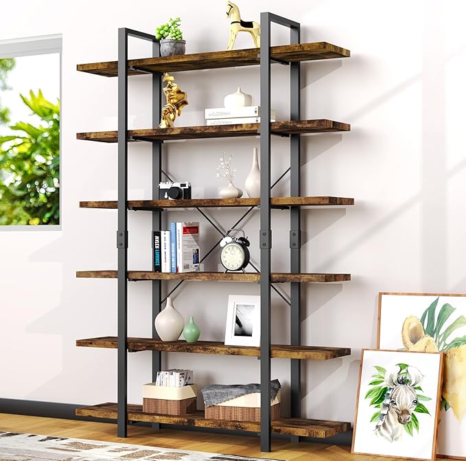 6 Tier Bookshelf, 83 inch Tall Bookcase Industrial Wooden Bookshelves Large Wall Etagere Rustic Vintage Book Shelf with Metal Frame Open Storage Rack for Living Room Home Office - LeafyLoom