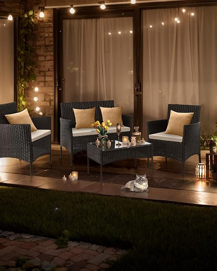 Outvita 4 Pieces Patio Furniture Set, Rattan Conversation Sets with Loveseat Soft Cushion and Glass Table for Garden Backyard Balcony Porch Poolside(Black) - LeafyLoom