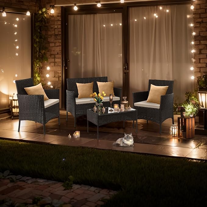 Outvita 4 Pieces Patio Furniture Set, Rattan Conversation Sets with Loveseat Soft Cushion and Glass Table for Garden Backyard Balcony Porch Poolside(Black) - LeafyLoom