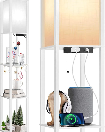 OUTON Floor Lamp with Shelves, LED Modern Shelf Floor Lamp with 2 USB Ports & Power Outlet, 3 Color Temperature, Storage Display Wood Column Standing Tall Lamp for Living Room, Bedroom, Office (White) - LeafyLoom