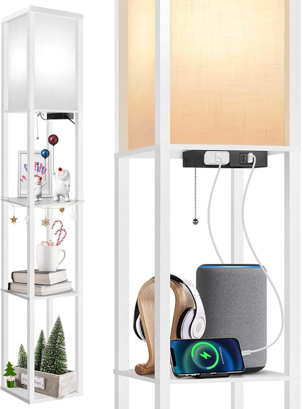 OUTON Floor Lamp with Shelves, LED Modern Shelf Floor Lamp with 2 USB Ports & Power Outlet, 3 Color Temperature, Storage Display Wood Column Standing Tall Lamp for Living Room, Bedroom, Office (White) - LeafyLoom