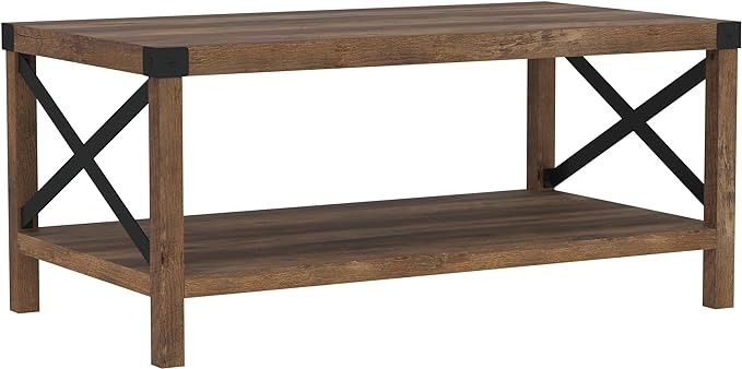 Walker Edison Sedalia Modern Farmhouse Metal X Coffee Table, 40 Inch, Rustic Oak - LeafyLoom