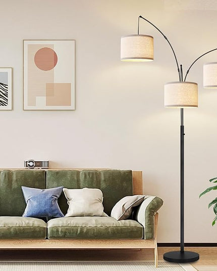 Dimmable Floor Lamp - 3 Lights Arc Floor Lamps for Living Room, 1000LM Modern Tall Standing Lamp with White Shades & Heavy Base, Mid Century Tree Floor Lamp for Bedroom Office, 3 LED Bulbs Included - LeafyLoom