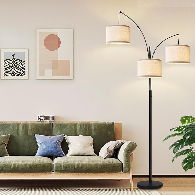 Dimmable Floor Lamp - 3 Lights Arc Floor Lamps for Living Room, 1000LM Modern Tall Standing Lamp with White Shades & Heavy Base, Mid Century Tree Floor Lamp for Bedroom Office, 3 LED Bulbs Included - LeafyLoom