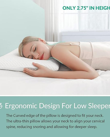 AM AEROMAX 2.75 Inches Standard Size Hyper Slim Memory Foam Pillow for Stomach and Back Sleepers - Thin, Flat Design for Cervical Neck Alignment and Deeper Sleep. - LeafyLoom